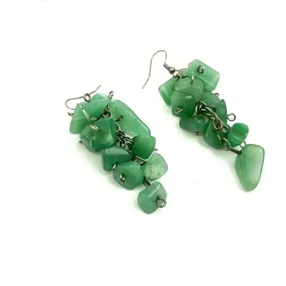 Natural Green Quartz Cluster Earrings Silver Tone Metal Hook Style Jewelry Boho - Picture 8 of 9